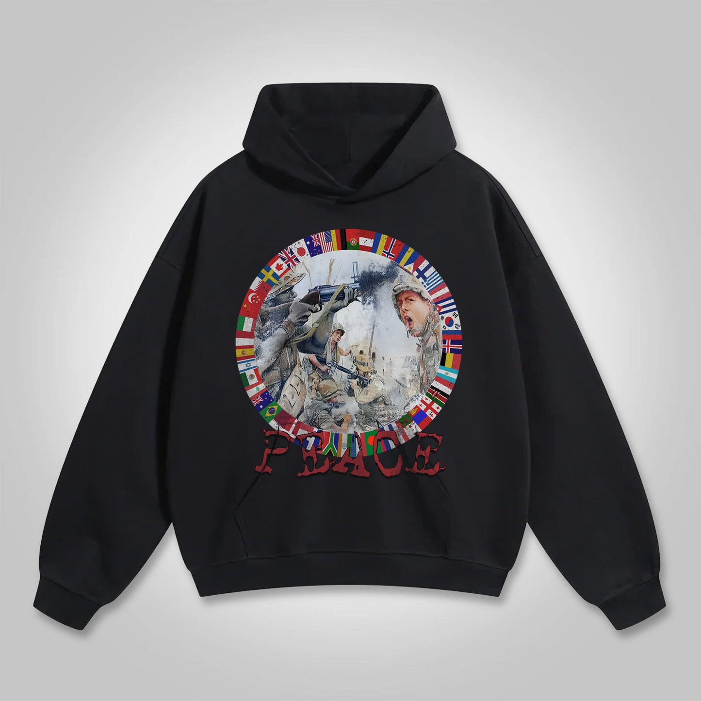 Fashion Peace In War Print Graphic Loose Hoodie