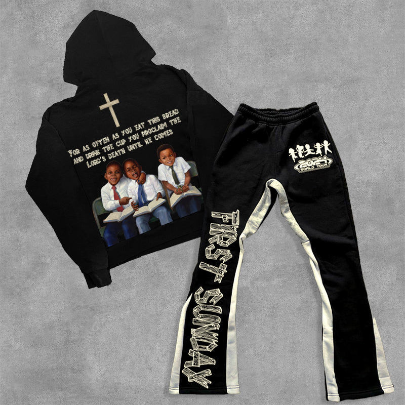 First Sunday Faith Graphic Hip Hop Hoodie & Flared Trousers Two Piece Set