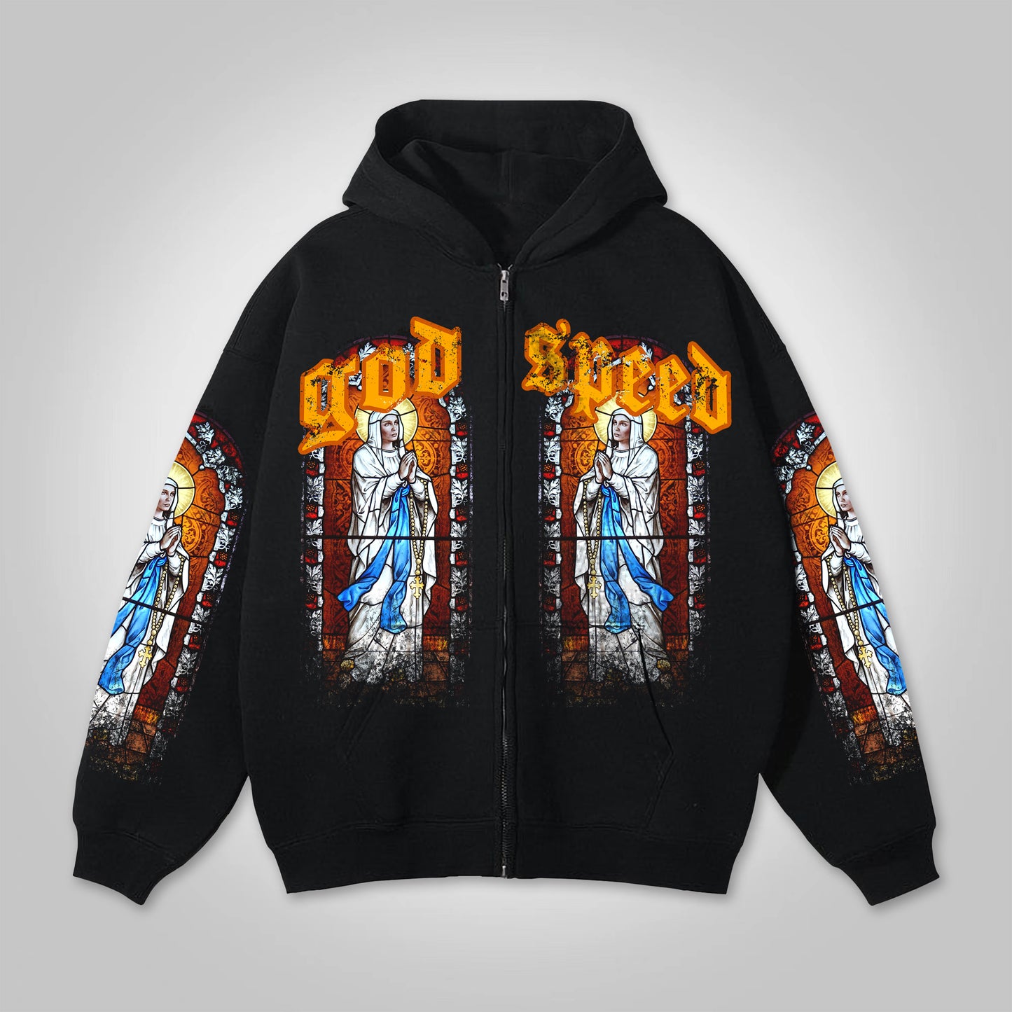 God Speed Our Lady Stained Glass Printed Retro Graphics Zipper Hoodie