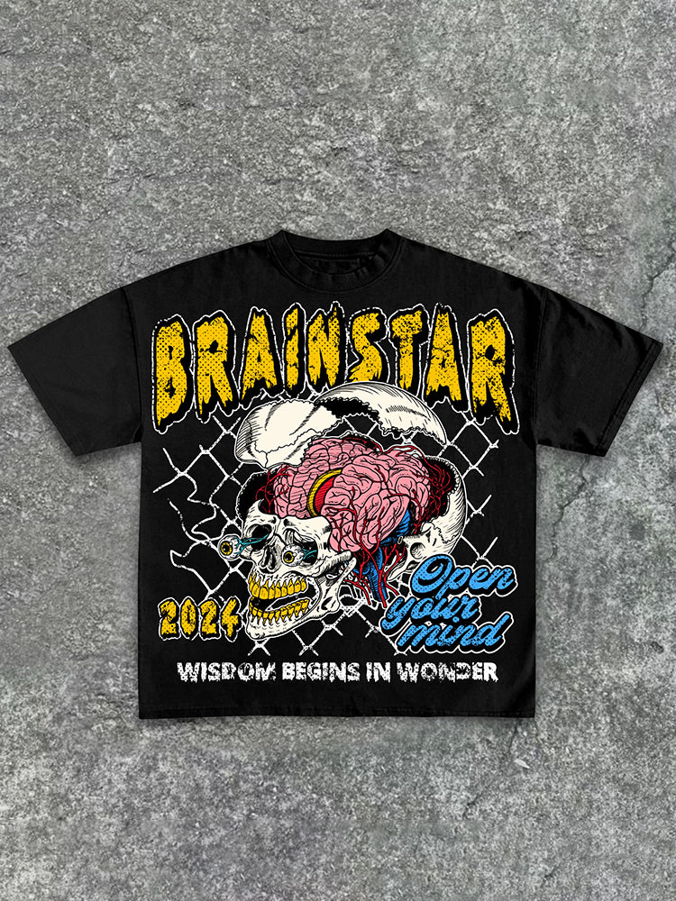 Brainstar- 2024 A Skeleton Full Of Wisdom Retro Print Pattern Cotton T-Shirt