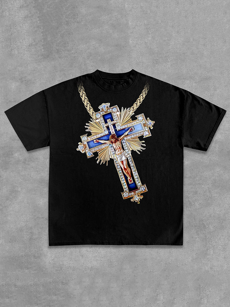 Christianity & Cross Necklace & Jesus Print Cotton T-Shirt