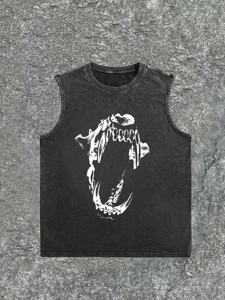 Vintage Vintage Wash Metal Fangs Print Sleeveless Tank Top