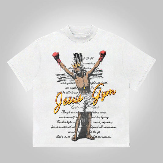 Vercoo Vintage Jesus' Gym Bible Graphic Print Cotton T-Shirt