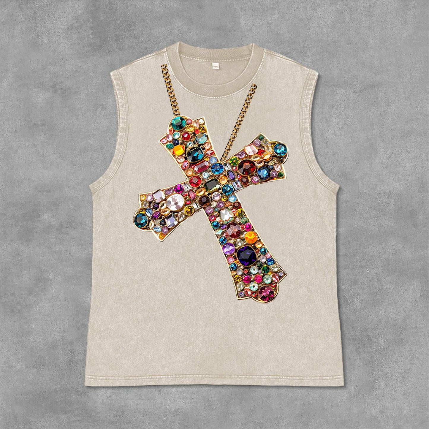 Diamond Cross Graphic Print Acid Washed Sleeveless Tank Top