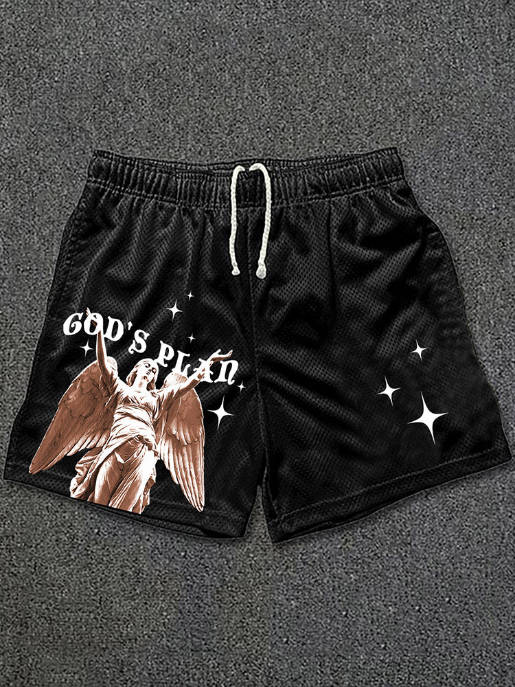 Men's God's Plan Print Drawstring Mesh Casual Shorts