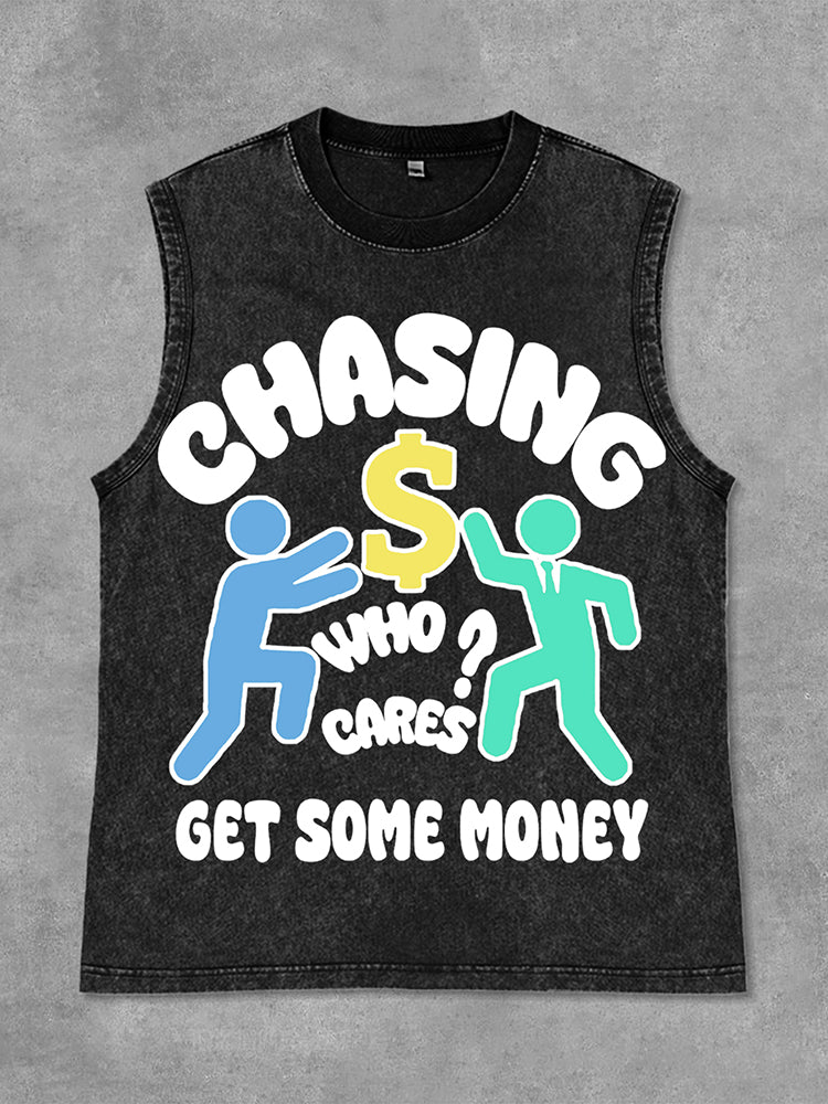 Vintage Chasing Money Graphic Print Casual Acid Washed Sleeveless Tank Top