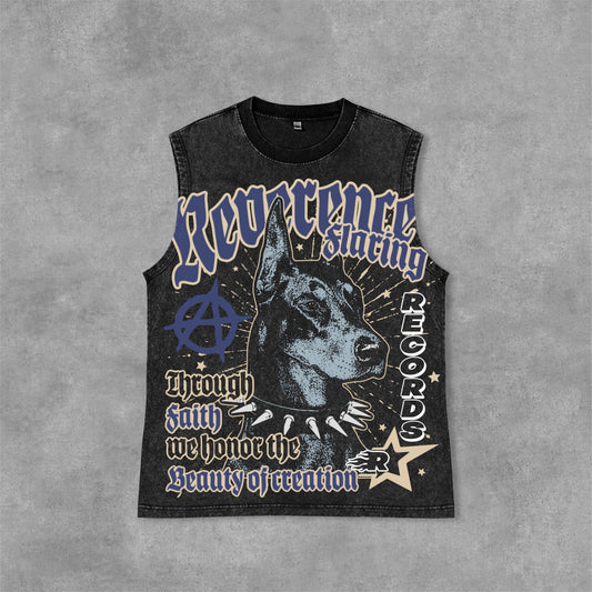 Doberman Retro Old Graphic Acid Washed Sleeveless Vest