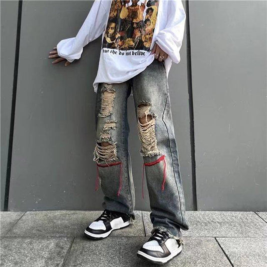 Men's American Retro High Street Ins Trendy Ripped Jeans