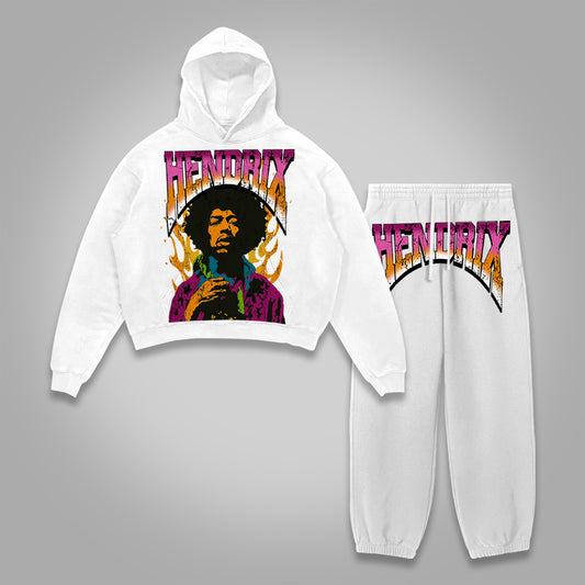 Vercoo Vintage Jimi Hendrix Graphic Print Tracksuit Two Piece Set