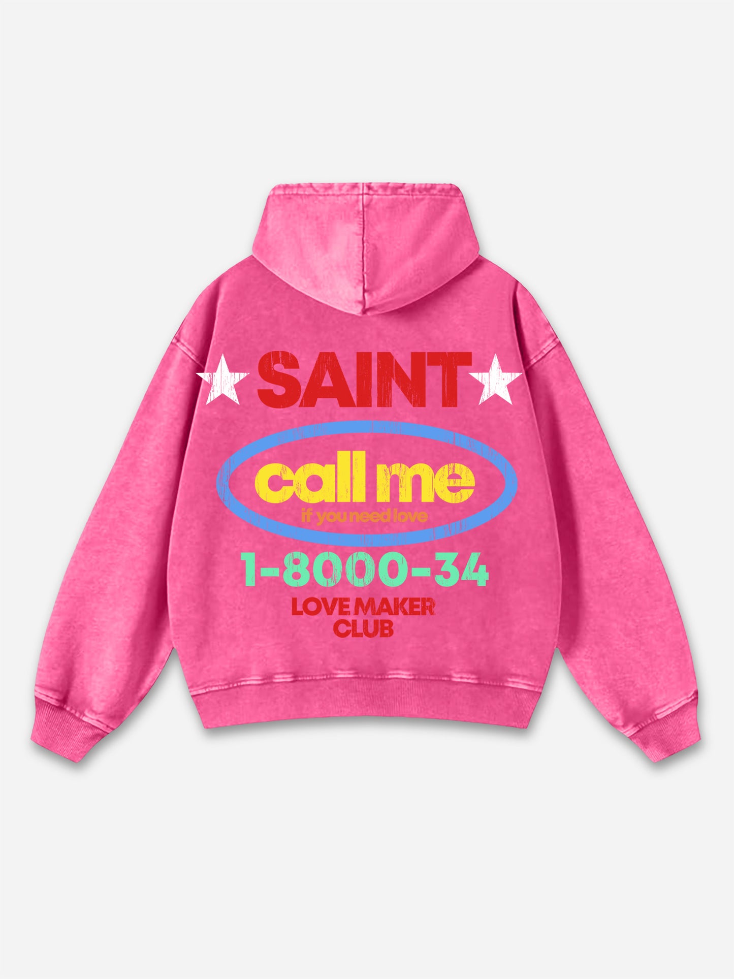 Vercoo Vintage Saint Call Me If You Need Love Graphic Acid Washed Oversized Hoodie