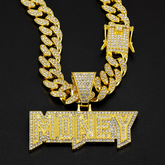 Hip Hop Alloy Diamond Money Letter Pendant Cuban Necklace