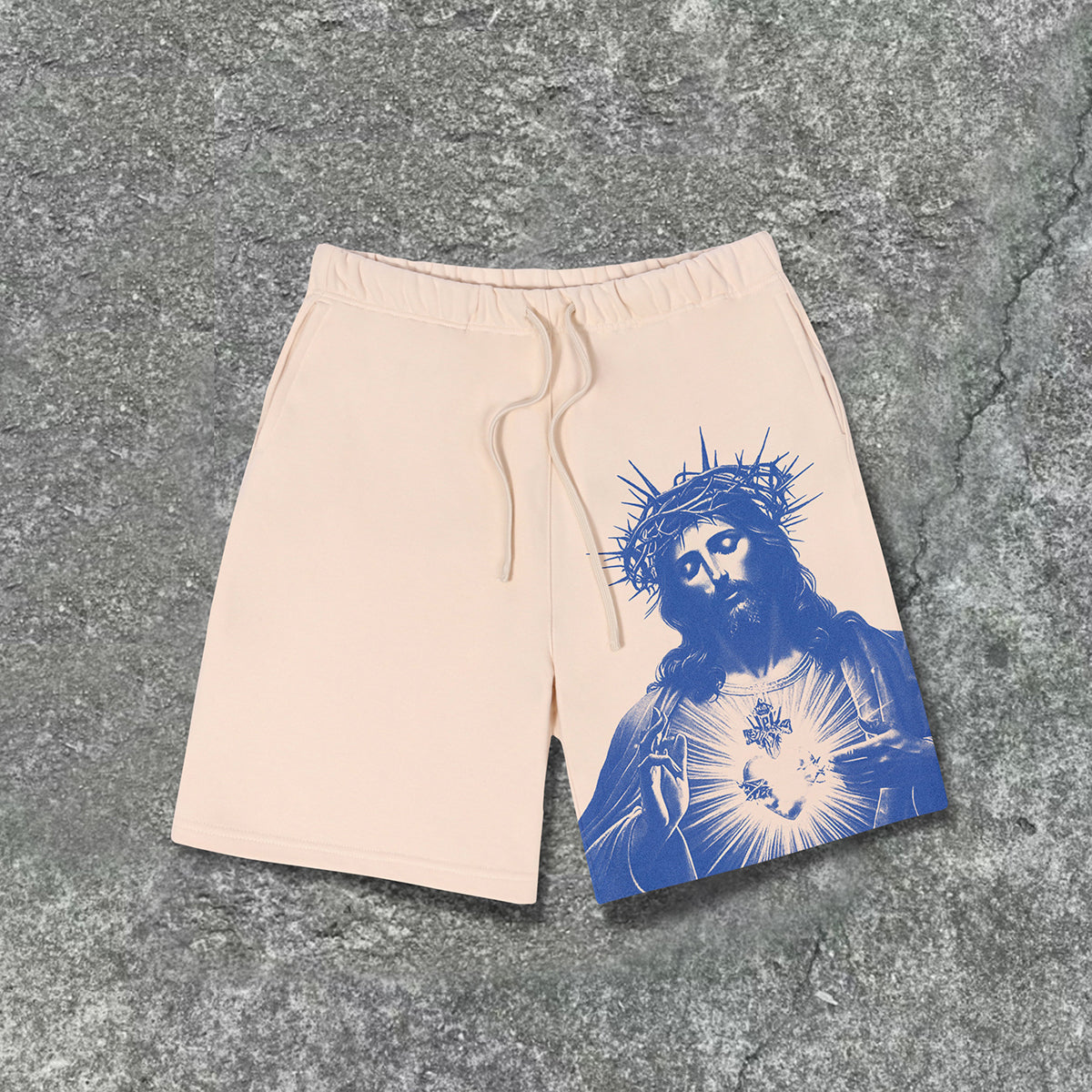 Casual Drawstring Vintage Jesus Print Shorts