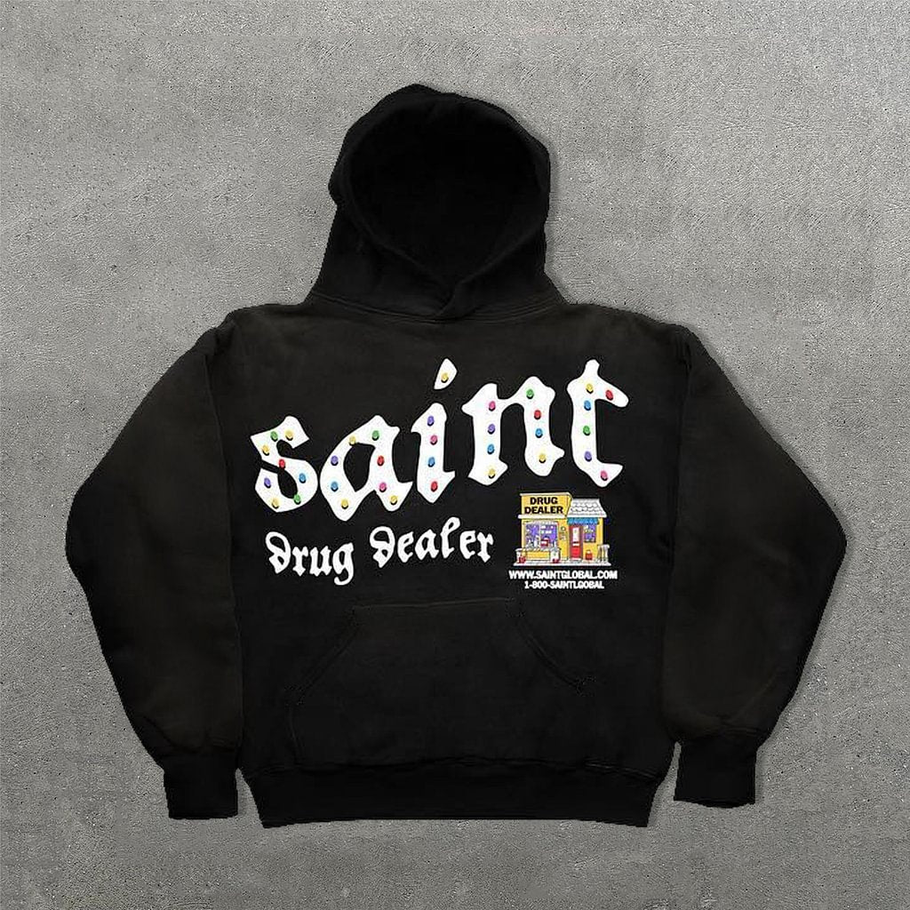 Vercoo Vintage Saint Drug Dealer Graphic Print Side Pockets Hoodie