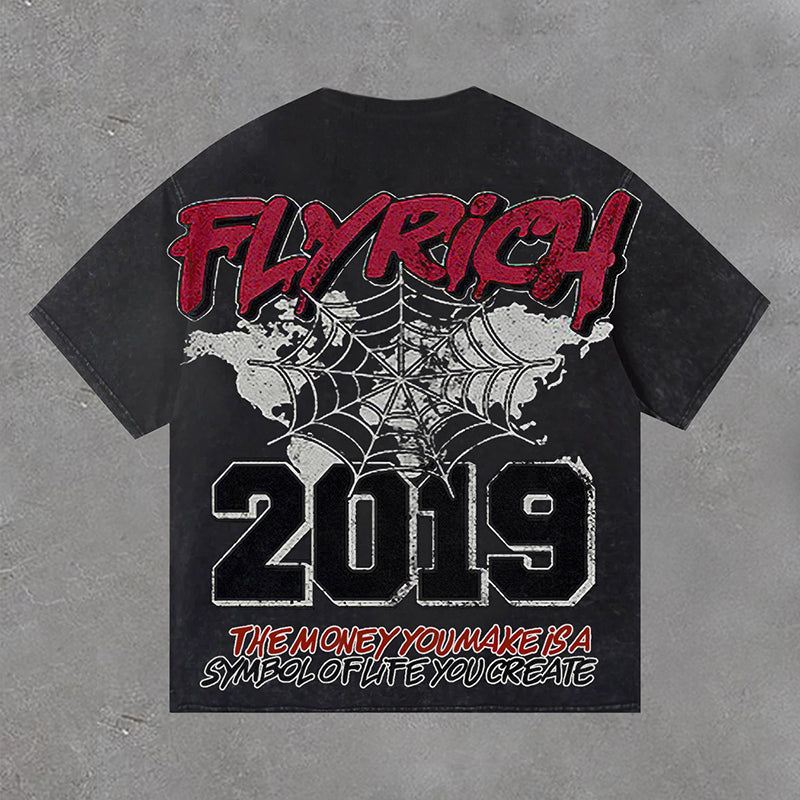 Vintage Fly Get Rich Vintage 2019 Graphic Casual Acid Washed Short Sleeve T-Shirt