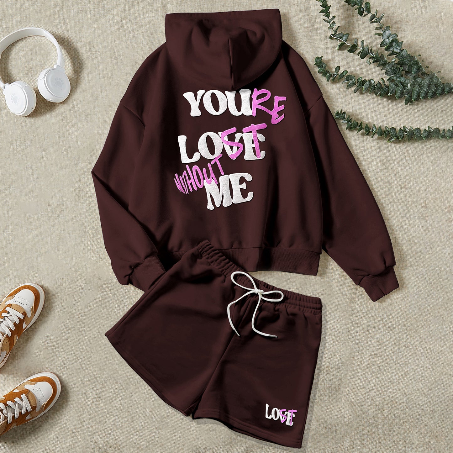 You're Lost Without Me Puff Print Hoodie & Shorts Sets