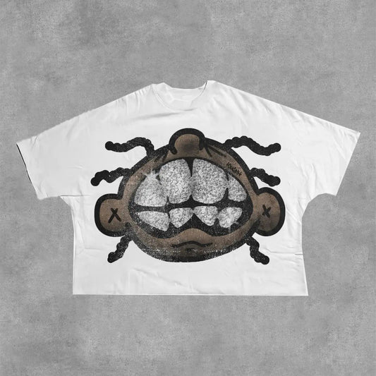 Vintage Diamond Smile Big Face Graphic Short Sleeve T-Shirt