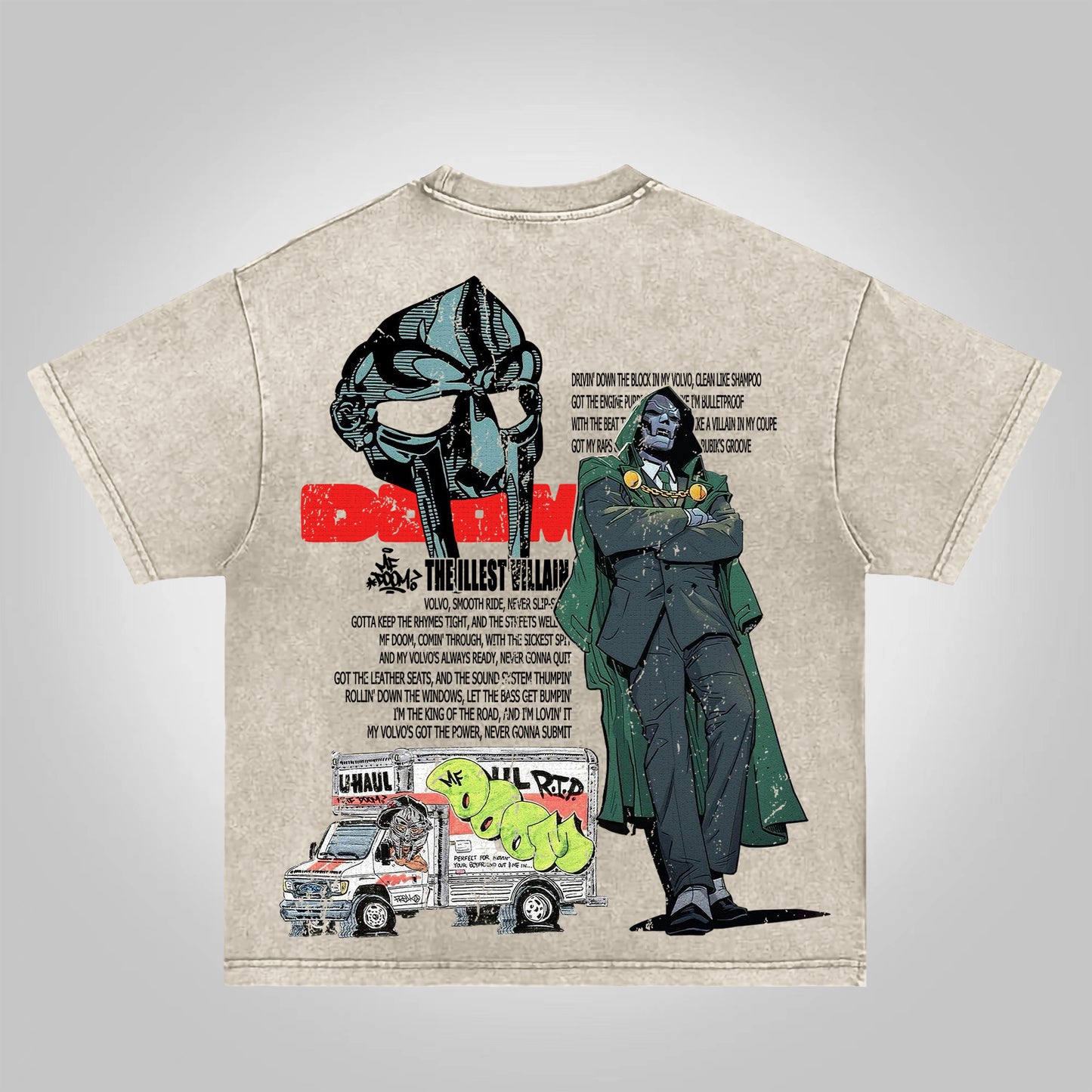 Vercoo Vintage The Illest Villain Mf Doom Graphic Print Acid Washed T-Shirt