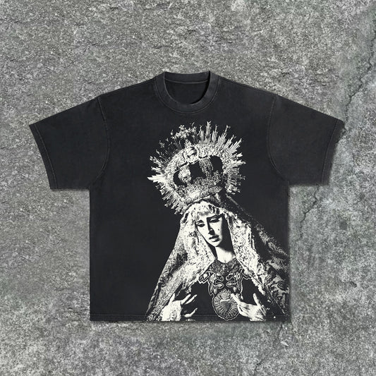 Men's Vintage The Scriptures Of The Blessed Virgin Mary Graphics Acid Washed T-Shirt