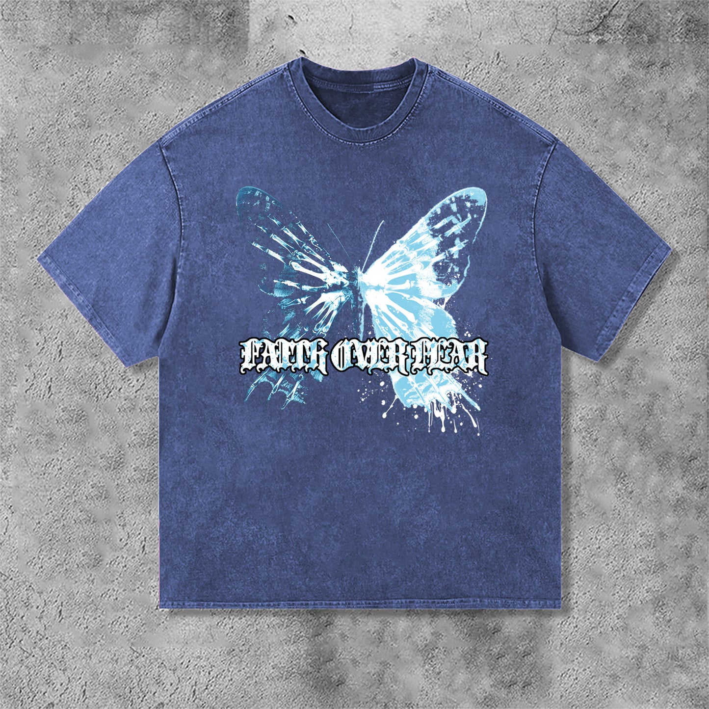 Irregular Butterfly Graphics Faith Over Fear Print Acid Washed T-Shirt