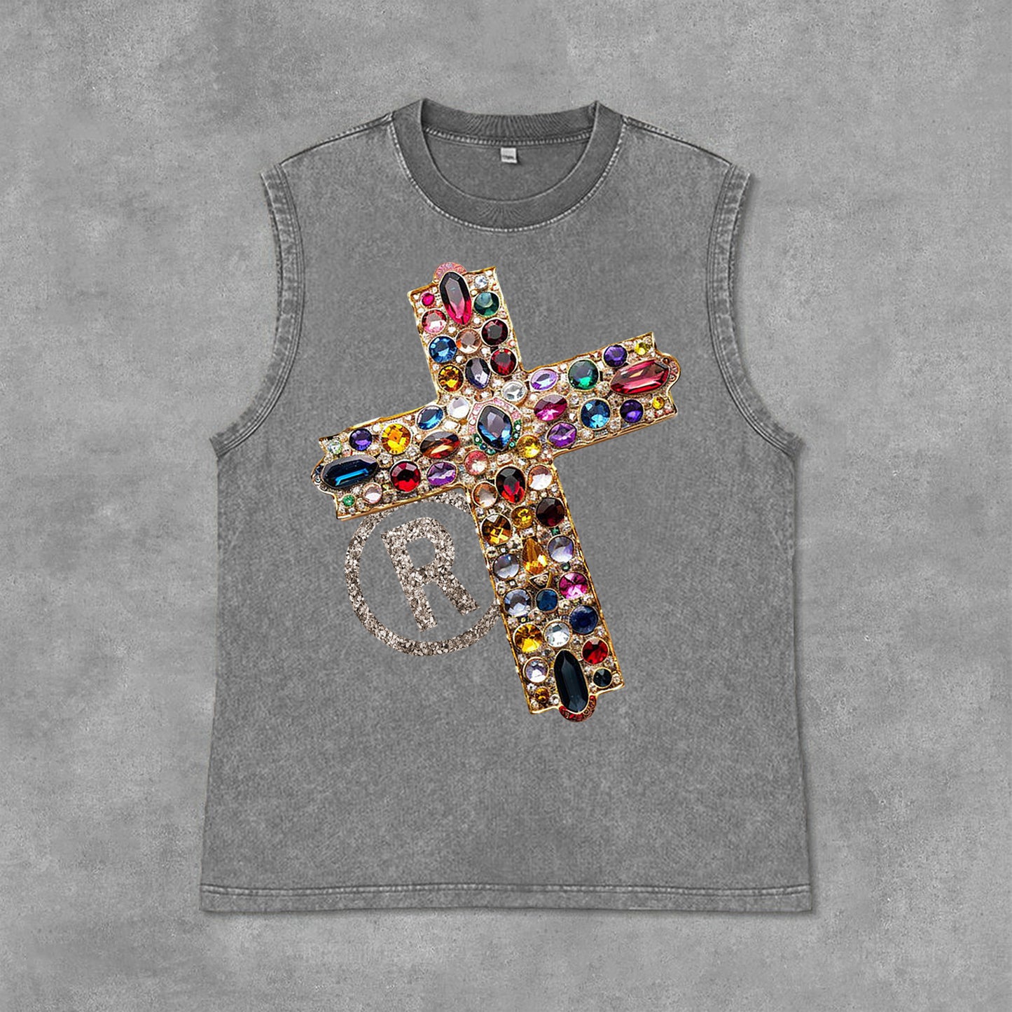 Diamond Cross Graphic Print Casual Acid Washed Sleeveless Tank Top