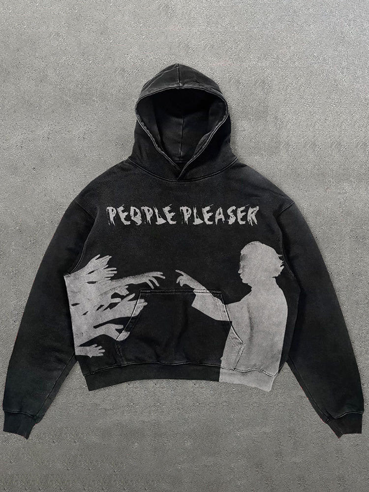 People Pleaser Print Graphic Casual Street Washed Hoodie