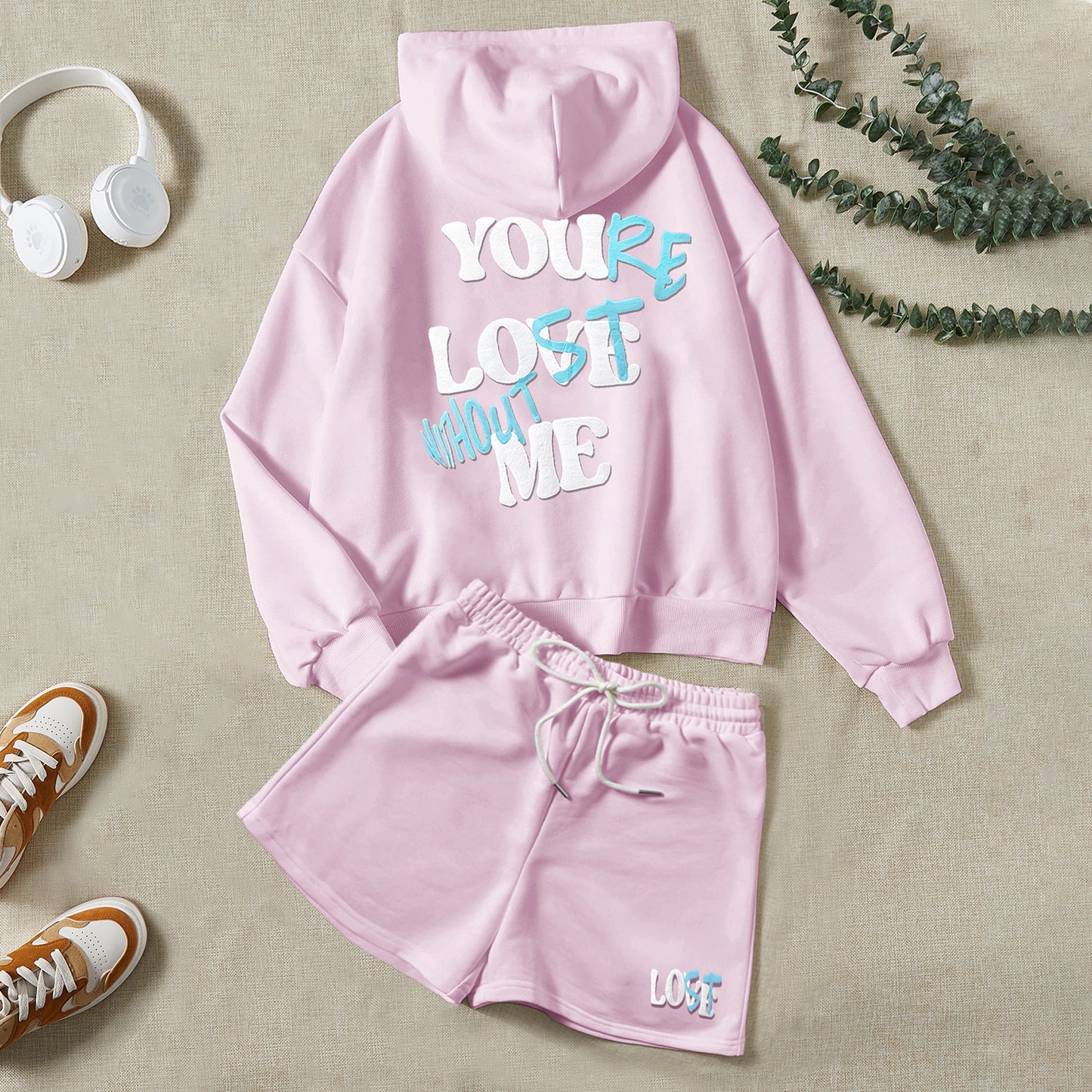 You're Lost Without Me Puff Print Hoodie & Shorts Sets