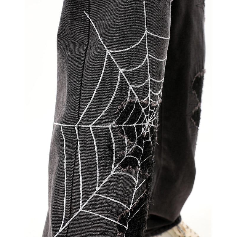 Vercoo Vintage Street Spider Web Embroidery Ripped Patch Jeans