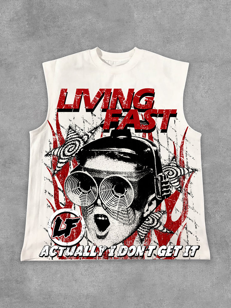 Vintage Portrait Living Fast Graphic Print Cotton Tank Top