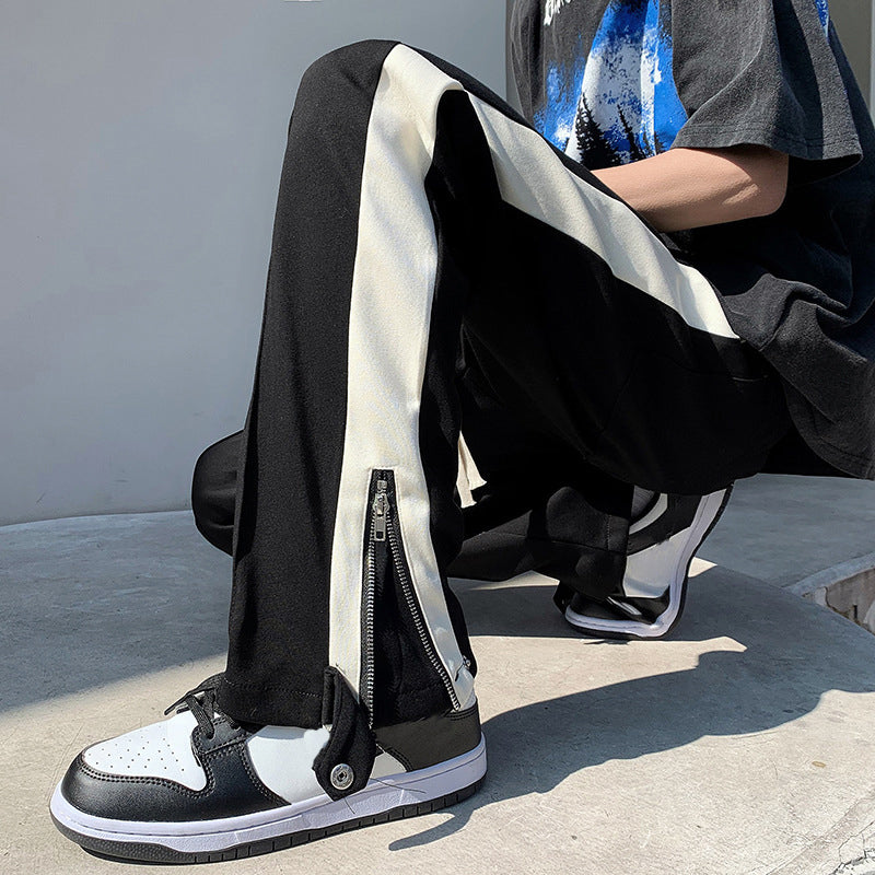 Men's Ins Trendy Patchwork Contrasting Color Zipper Slit Pants