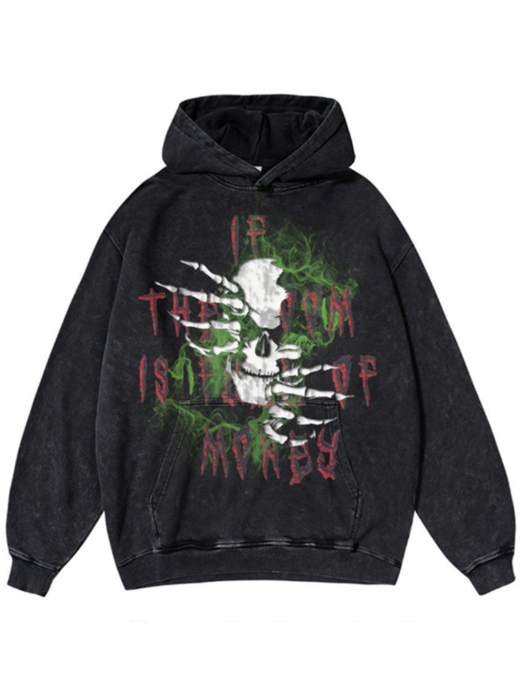 Vercoo Vintage Skull Letter Print Graphic Acid Wash Pullover Hoodie