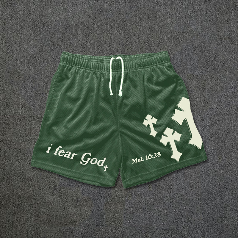 I Fear God Cross Print Graphic Mesh Shorts