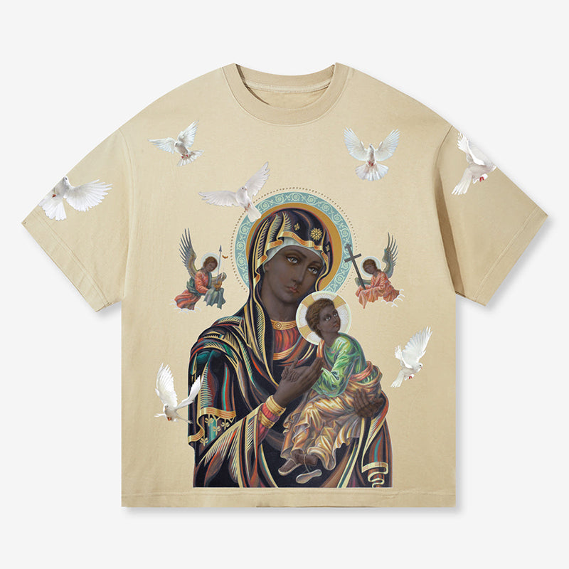 Vintage Unisex Black Madonna And Child Graphic Cotton T-Shirt