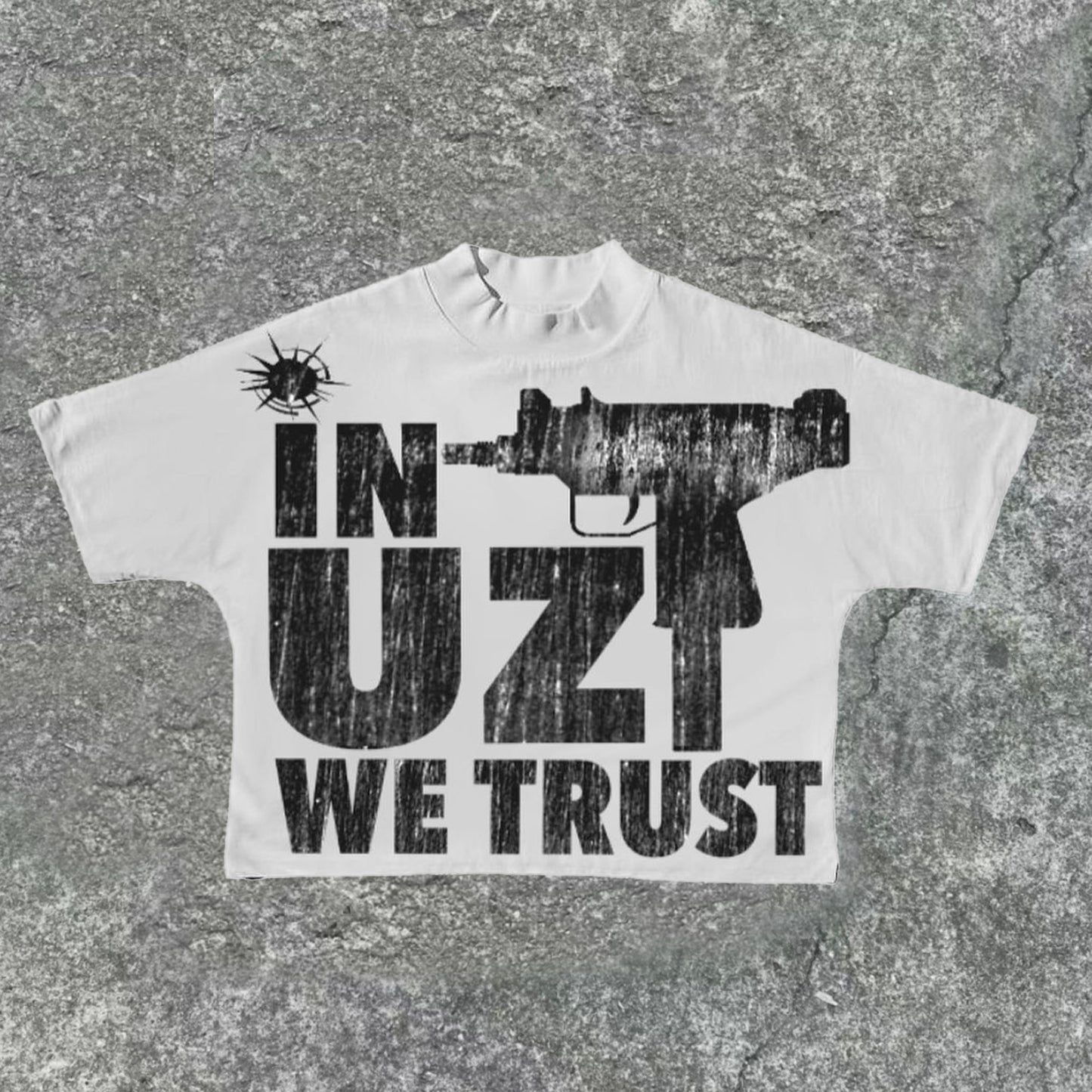 Vintage In Uzi We Trust Print Graphic Cropped T-Shirts