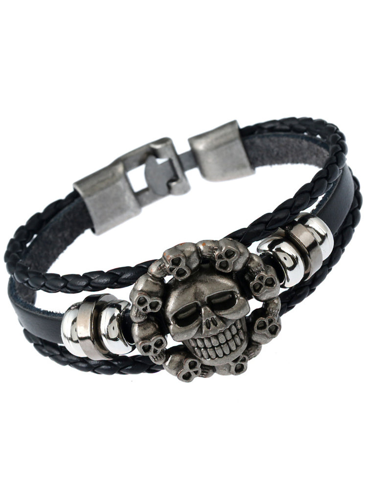 Men's Braided Skull Leather Bracelet