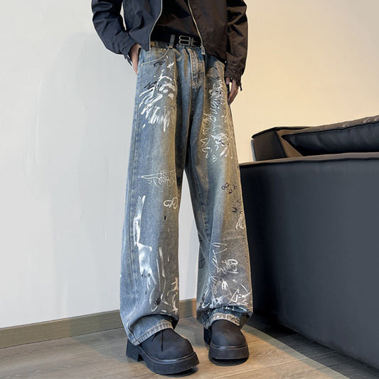 Vintage Street Style Graffiti Print Jeans