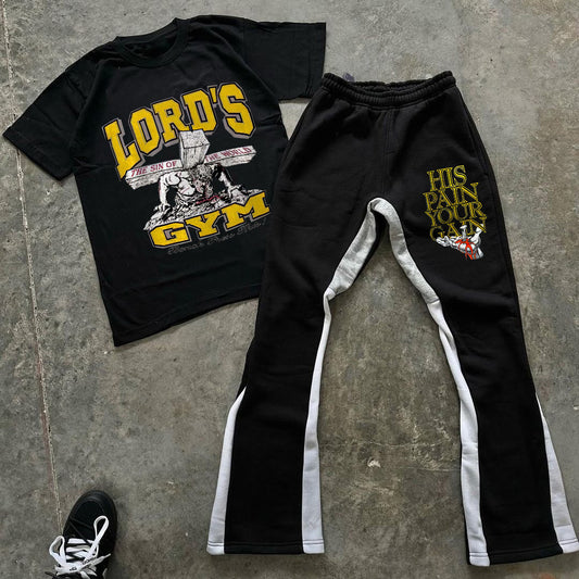 Lord S Gym Print Short Sleeve Tee & Flared Trousers Two Piece Set