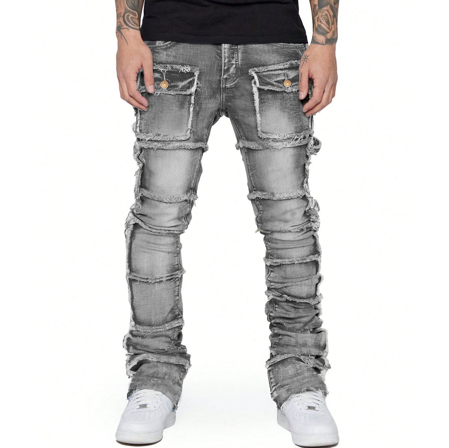 Hiphop Fashion Stretch Patch Cargo Straight Jeans