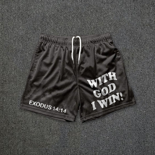 Vercoo With God I Win Print Casual Street Mesh Shorts