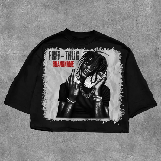 Vintage Free Thug Graphics Printed Cotton T-Shirt