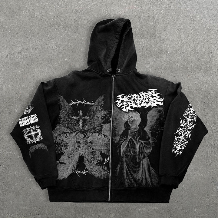 Heaven Gates Angelic Graphic Print Zip Up Hoodie