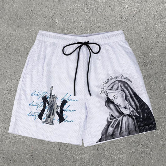 Vercoo Vintage Virgin Mary Liberty Printed Mesh Shorts