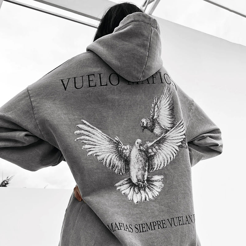 Oversize Vintage Peace Dove Graphic Print Hoodie