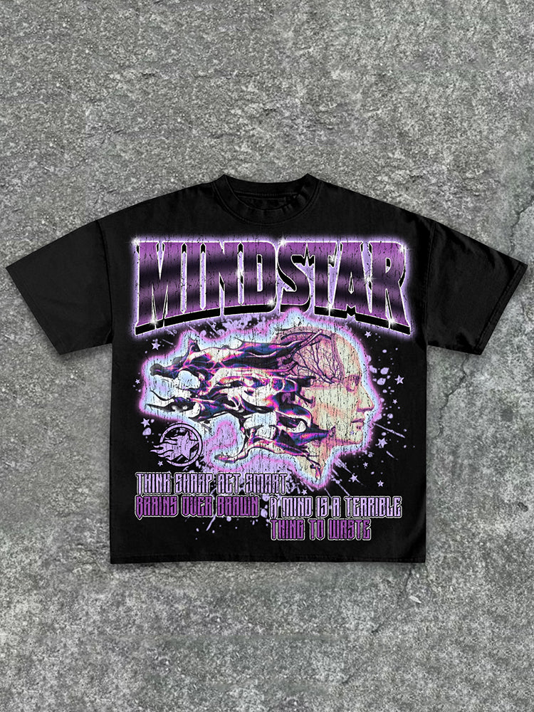 Mindstar-Burning Thinking-Retro Pattern Printing Cotton T-Shirt