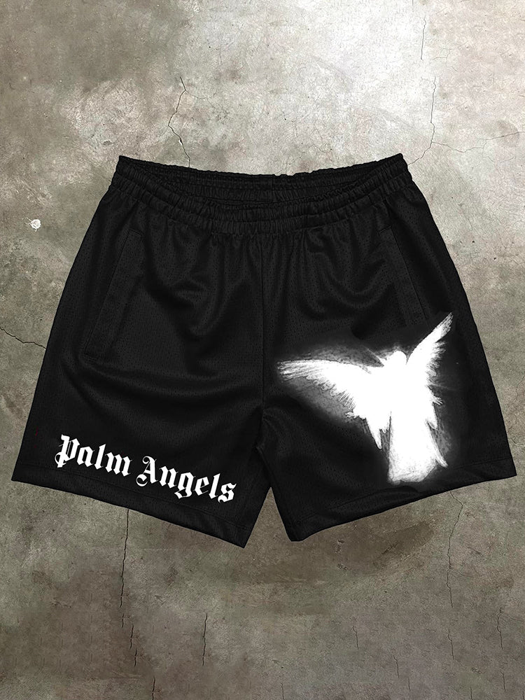 Vercoo Vintage Palm Angel Graphic Casual Street Mesh Shorts