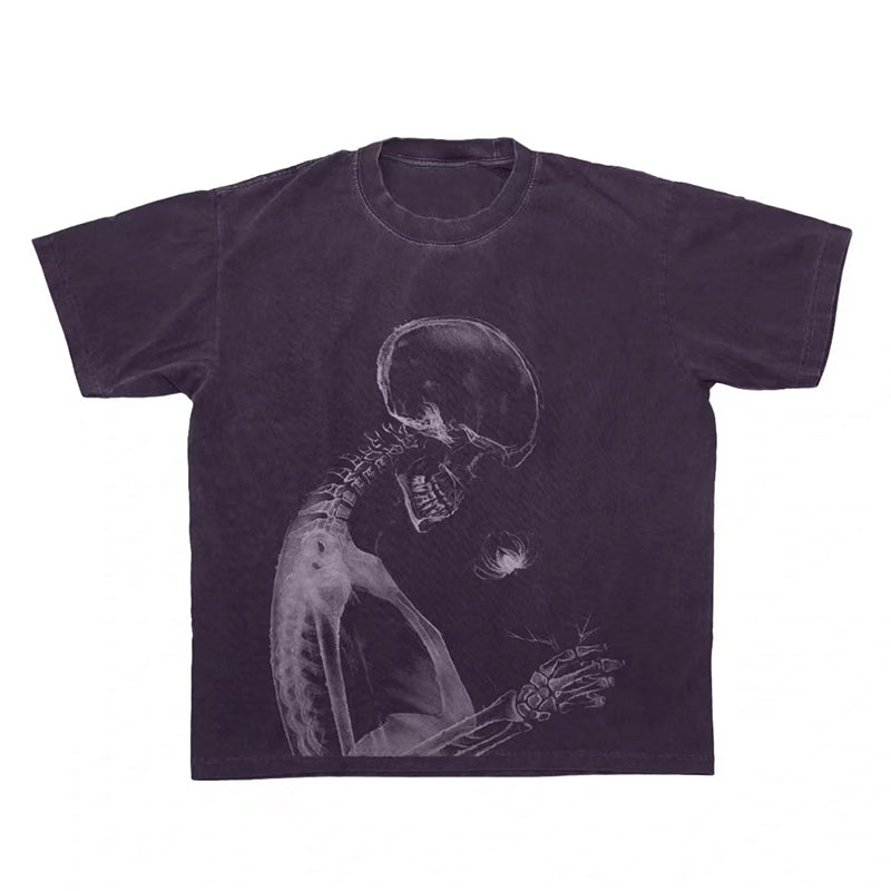 Vercoo Vintage X-Ray Skeleton Graphic Print Acid Wash T-Shirt