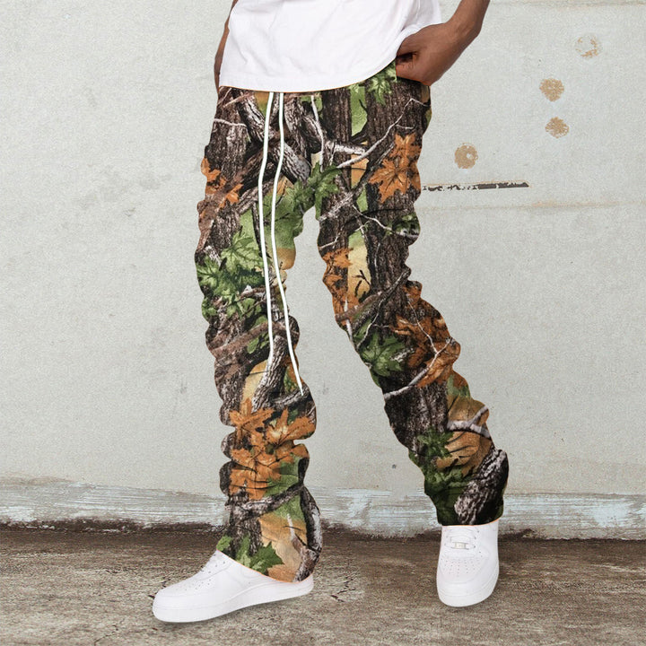 Vintage Camouflage Print Drawstring Stacked Trousers