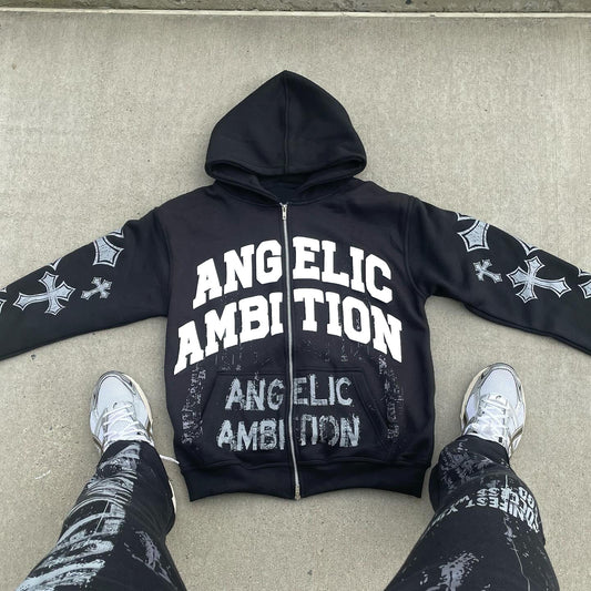 Angelic Ambition Graphic Loose Velvet Pocket Zip Hoodie