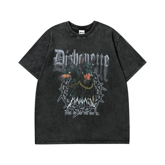 High Street Diablo Doberman Old T-Shirt Hip Hop Street Short Sleeve