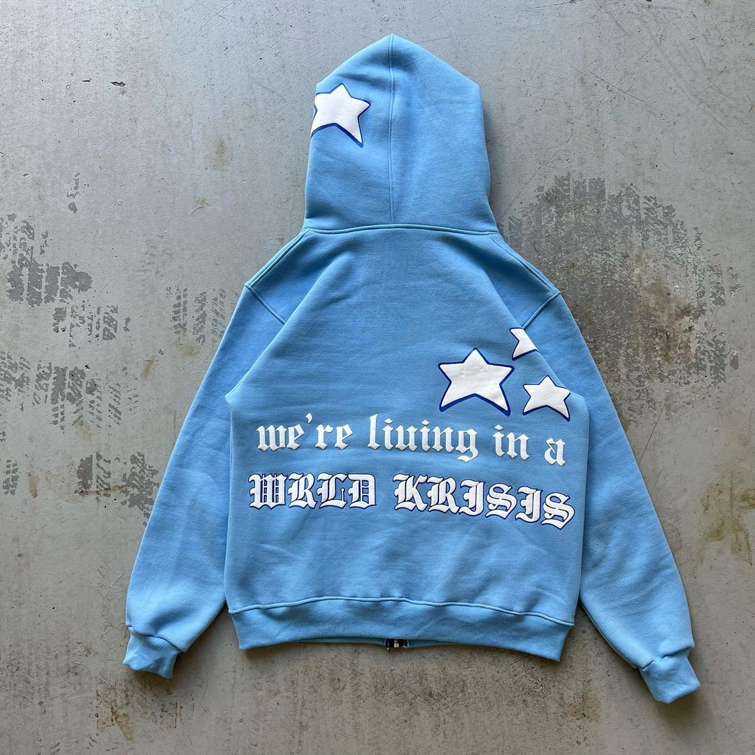 “We're Living In A Wrld Krisis”Puff Print Fleece-Lined Zip-Ups Hoodie