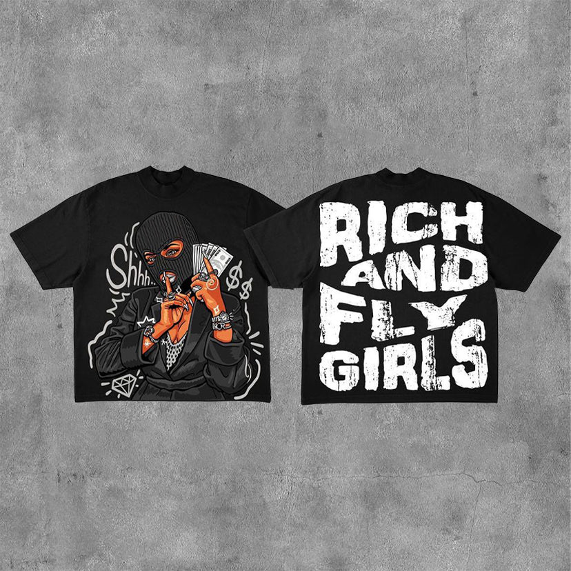 Vintage Rich And Fly Girl Graphic Cotton T-Shirt